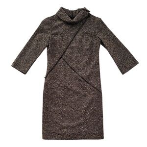Per Se Brown Wool Tweed Cowl Neck Zipper Dress size US2 UK4